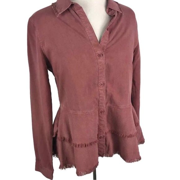 Cloth & Stone Tencel Red Chambray Peplum Button Down Top Frayed Hem Sz XS - Picture 2 of 10